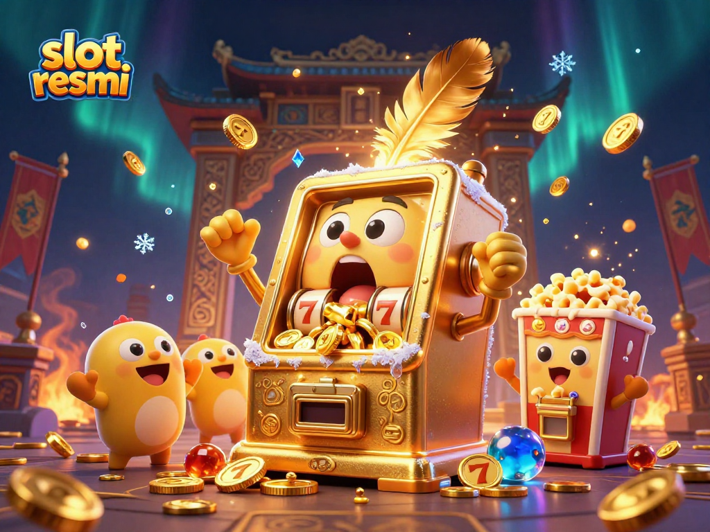 Experience a thrilling jackpot with slot resmi, as golden coins cascade from a smiling slot machine in this vibrant casino scene.