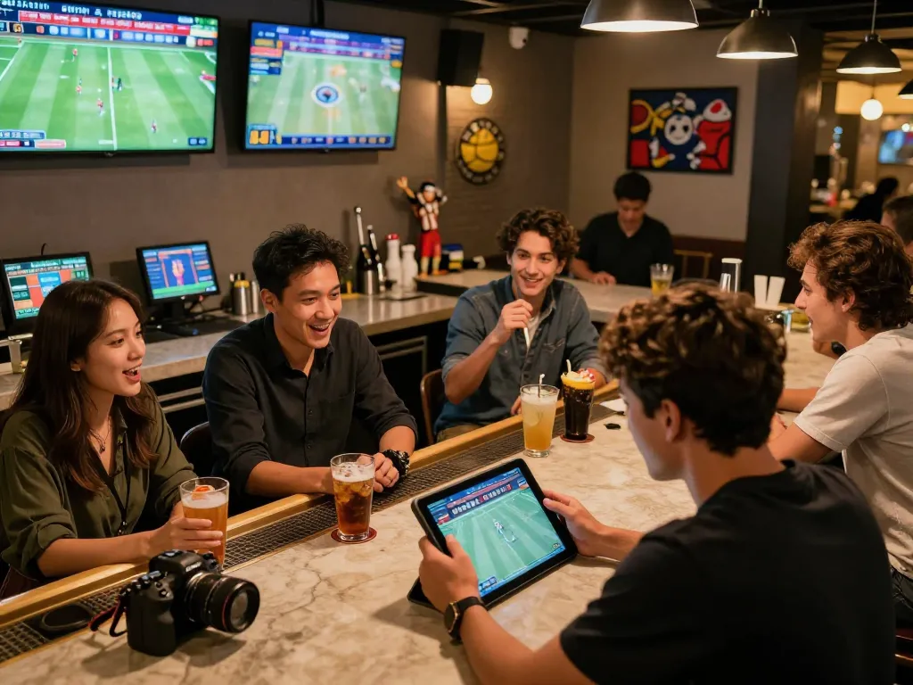 Placing bets on the FUN79 link in a lively sports betting atmosphere with friends.
