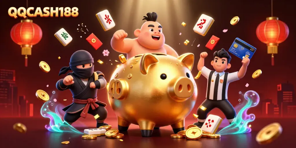 Experience the excitement of QQCASH188 with our sumo wrestler piggy bank and ninja duel scene.