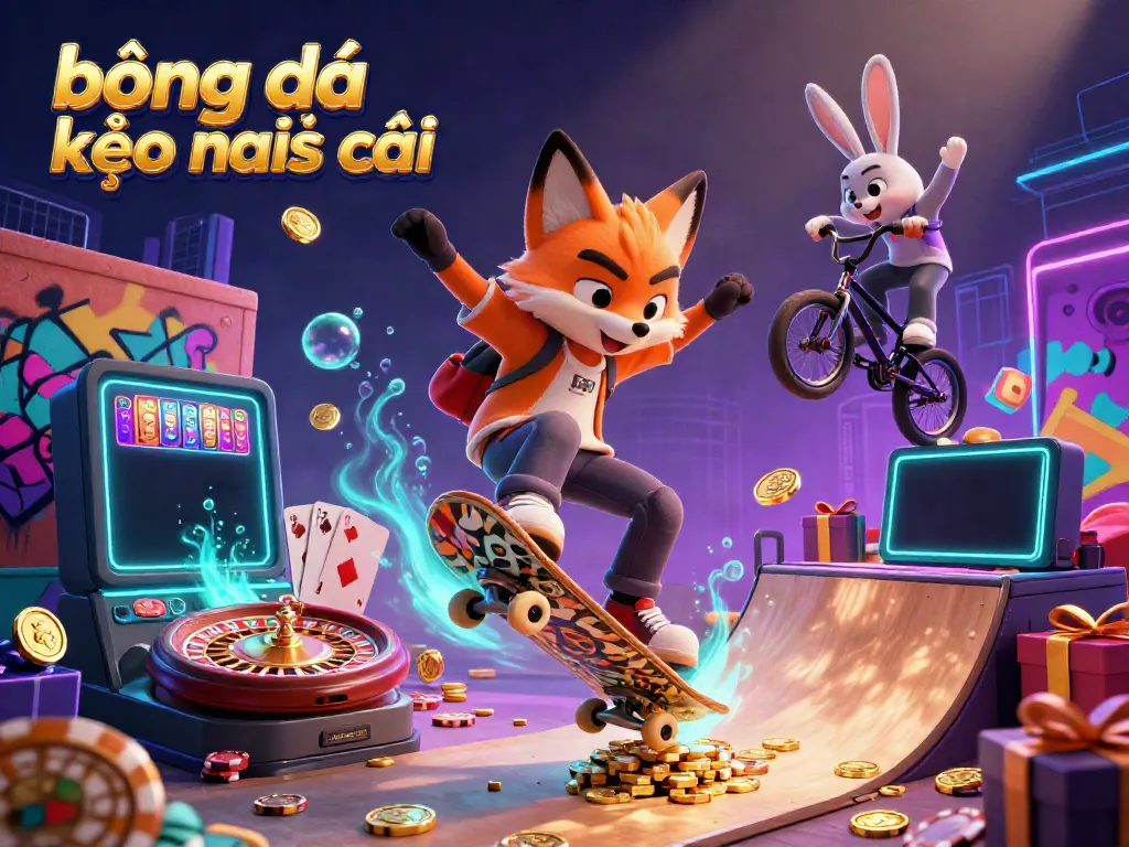 Engage in thrilling gameplay with bóng đá kèo nhà cái featuring a skateboarder fox and BMX rabbit in a lively casino-themed illustration.