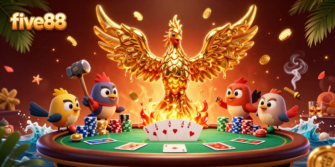 Experience the thrill of five88 with molten gold phoenix and poker excitement in a vibrant casino scene.