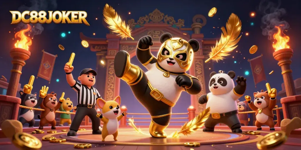 Experience the thrill of DC88JOKER with dynamic action from a wrestling panda and a counting referee in a colorful casino arena.