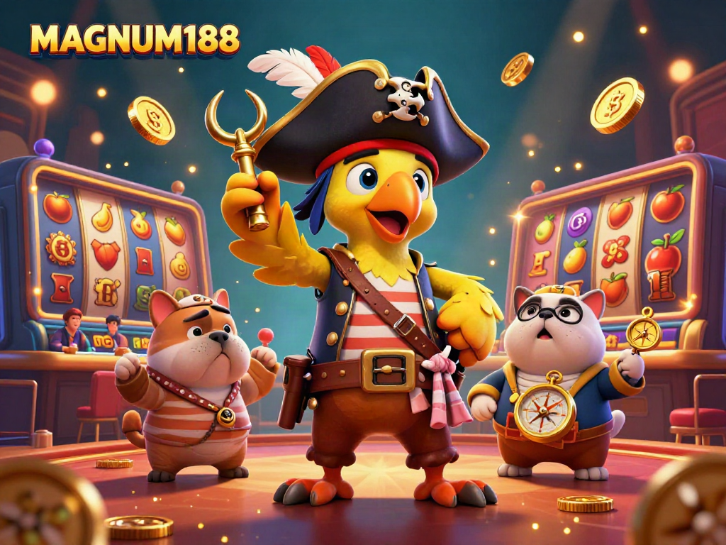 Experience MAGNUM188's vibrant casino scene with 3D pirate characters engaging in thrilling slot action.