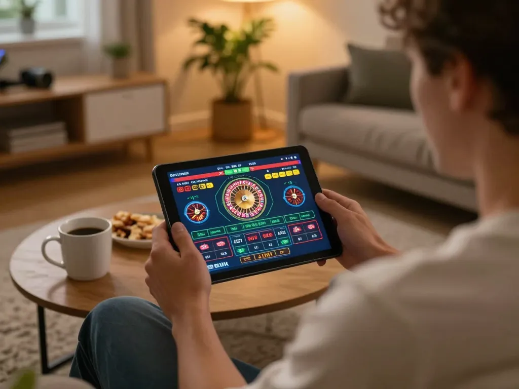 Player engaging in live gaming at 98win on a tablet in a cozy home environment