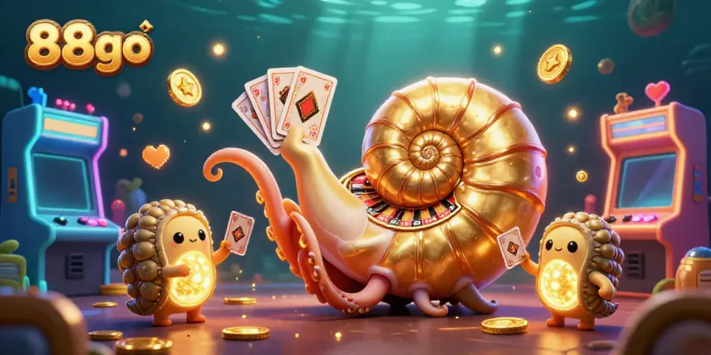 Engage with 88go's thrilling gaming experience featuring an ancient nautilus with cards and vibrant arcade elements.
