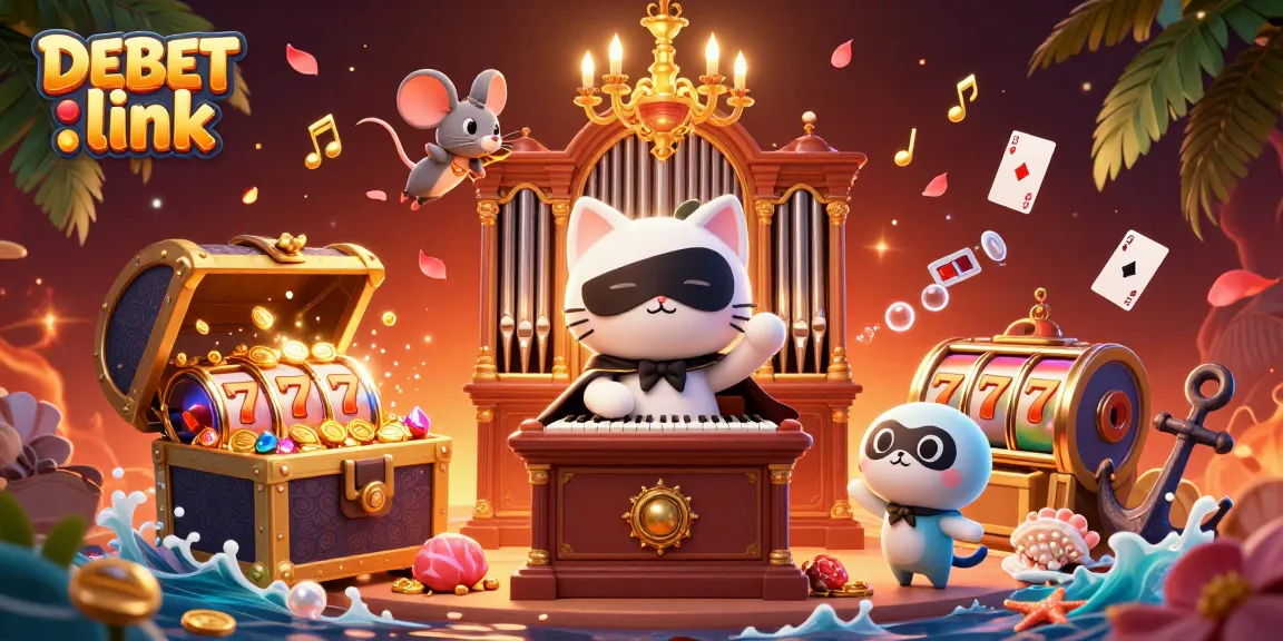 Immerse in the excitement of DEBET link with a vibrant casino scene featuring characters and slot reels.