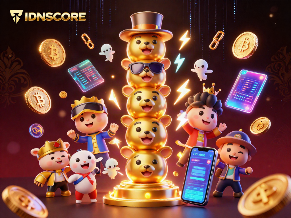 Engage in thrilling betting experiences with IDNSCORE's dynamic casino illustration featuring animated characters and vibrant crypto elements.