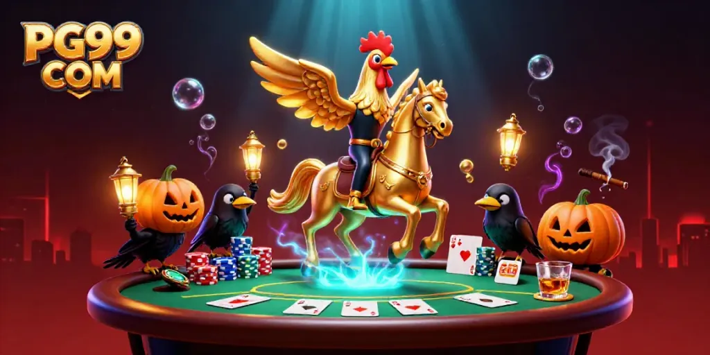 Experience the thrill of PG99 COM with a golden rooster in a vibrant casino scene.