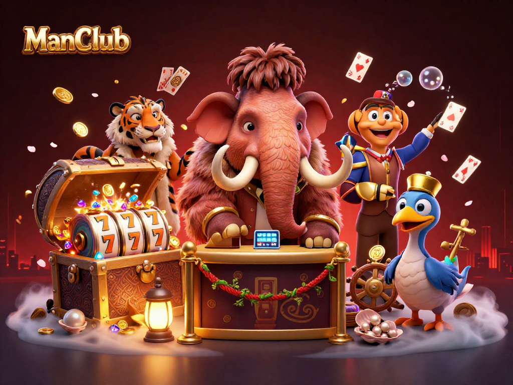 ManClub welcomes players with a dynamic casino scene featuring a woolly mammoth bouncer and exciting game elements.