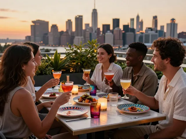 Diverse group enjoying cocktails and gourmet dishes at NoHu rooftop restaurant with NYC skyline at sunset.