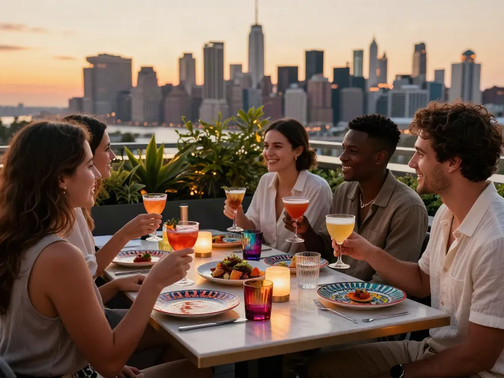 Diverse group enjoying cocktails and gourmet dishes at NoHu rooftop restaurant with NYC skyline at sunset.