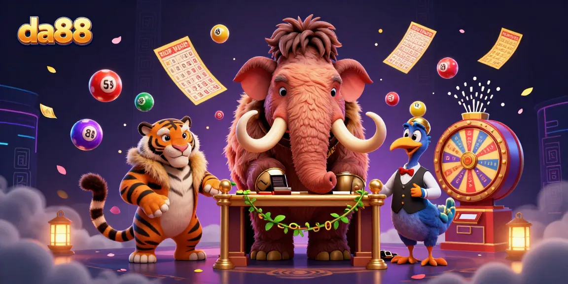 Win big with da88 at our vibrant casino, featuring iconic characters amidst colorful lottery elements.