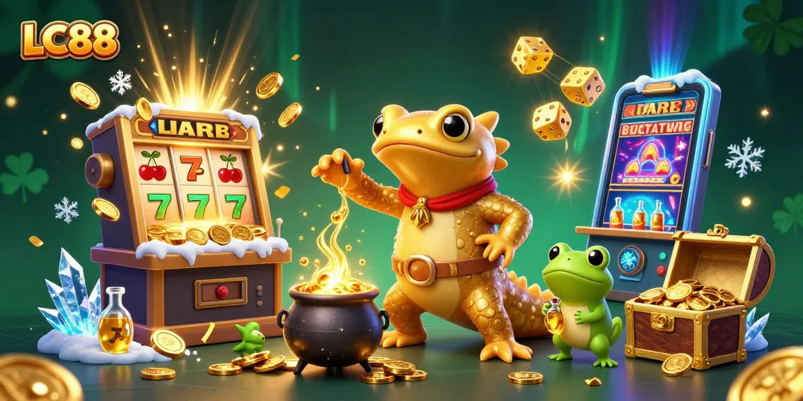Engage with LC88 by exploring a vibrant 3D casino illustration showcasing alchemists and dynamic game elements.