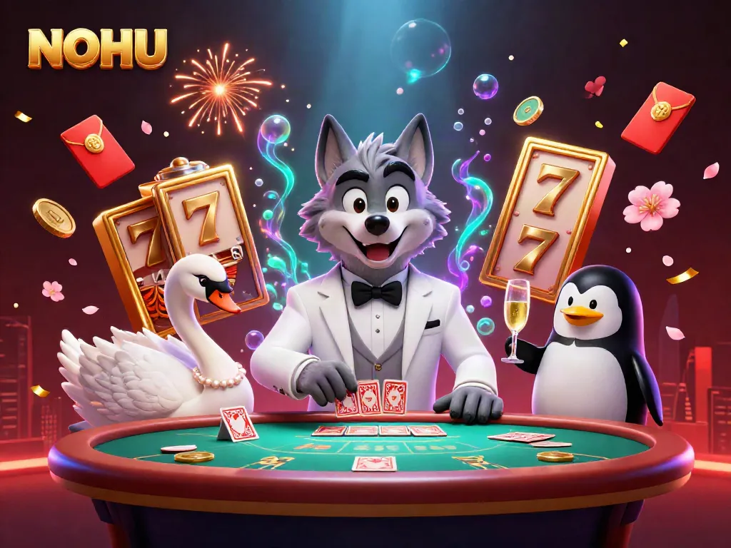 Experience thrilling gaming at NOHU with a cartoon wolf, elegant swan dealer, and penguin sommelier at a baccarat table.