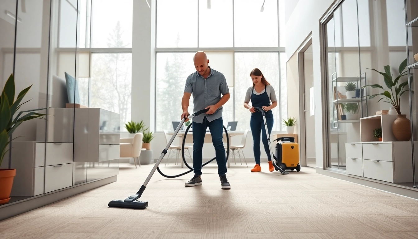 Efficient cleaning services calgary team at work in a bright, modern office setting.