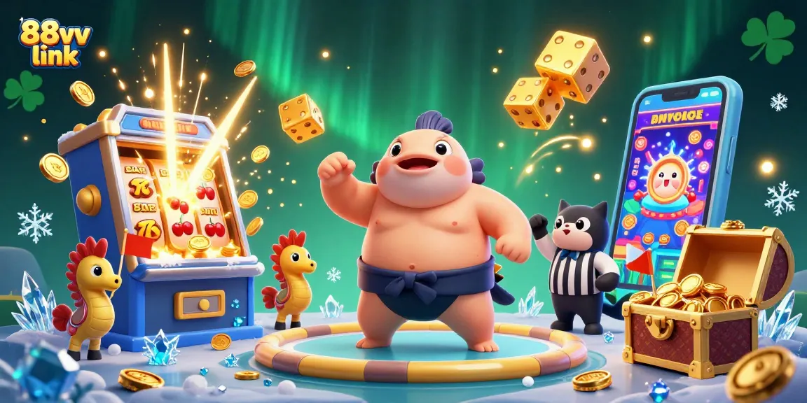 Engage with the vibrant 88vv link world showcasing a cartoon fugu amidst games and jackpots.