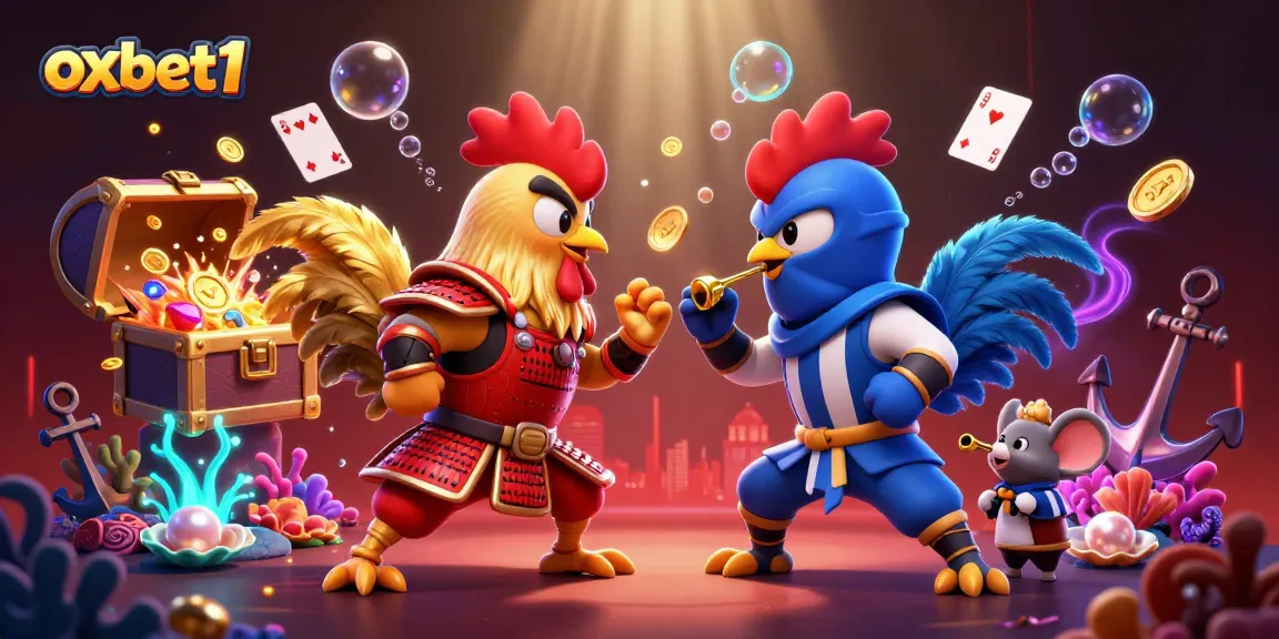 Experience the thrill of oxbet1 with dynamic roosters in an intense standoff amidst casino treasures.
