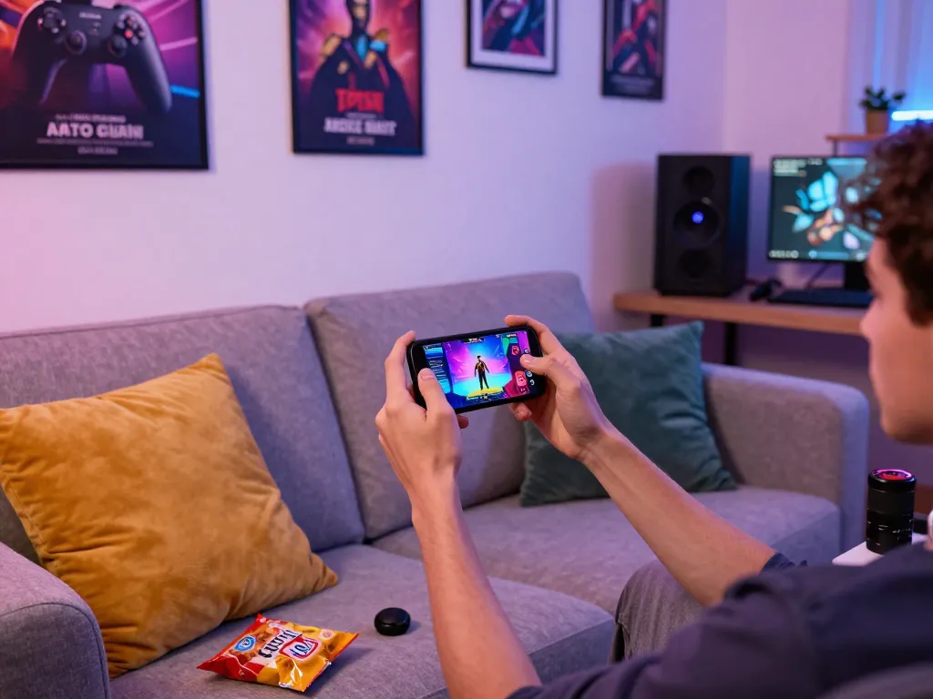Enjoying a mobile porn game on a cozy couch with snacks and ambient lighting.