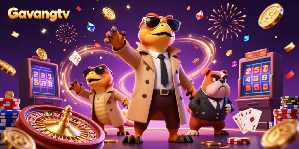 Engage with Gavangtv's vibrant casino scene, showcasing raptors in a trench coat attempting entry.