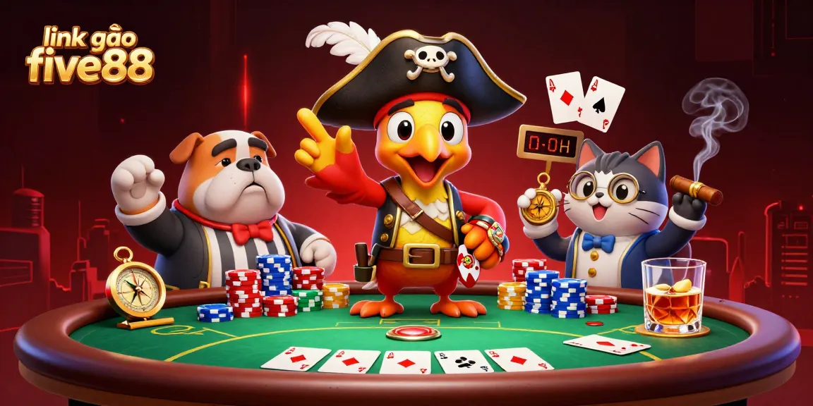 Join the adventure with link vào five88 featuring vibrant 3D pirate characters in a dynamic casino scene.