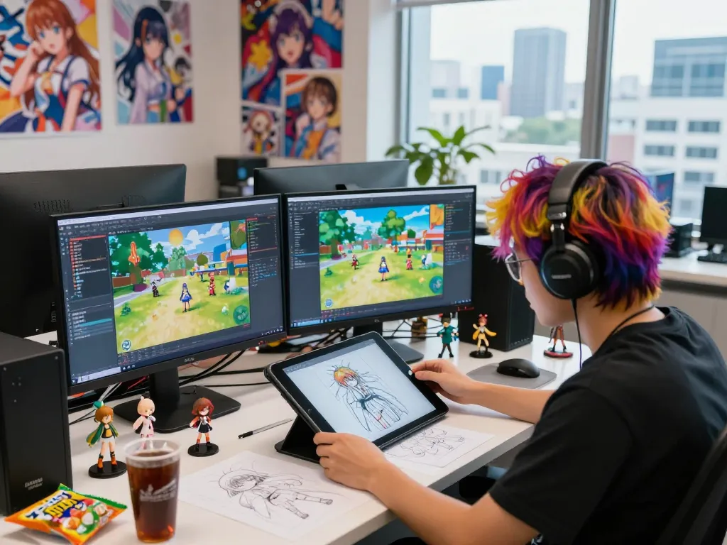 Creative workspace of a developer designing a hentai game with colorful artwork and coding.