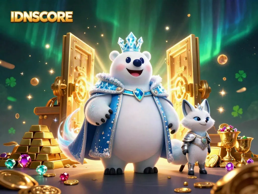 Spin to win with IDNSCORE’s thrilling casino adventure featuring an ice king polar bear and magical treasures.