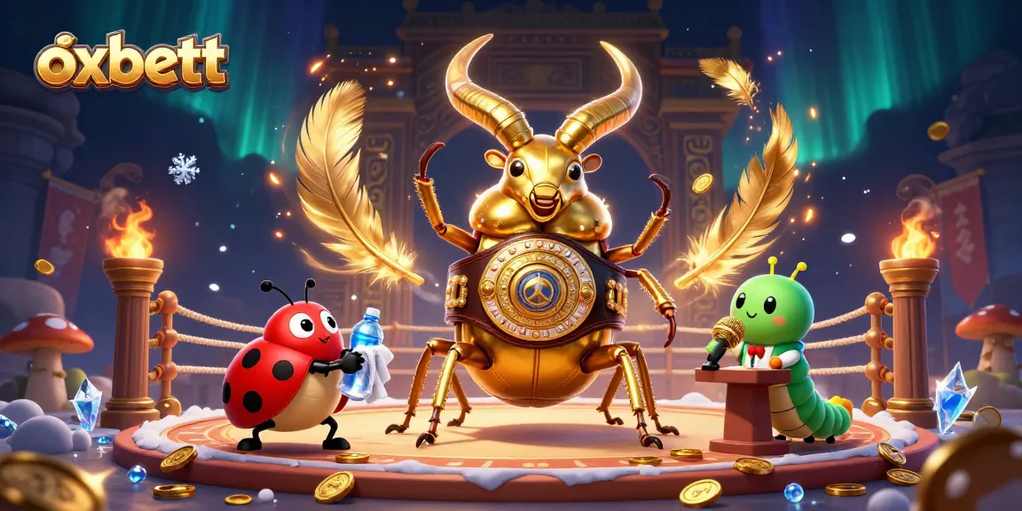 Oxbett showcases a 3D cartoon golden stag beetle in a vibrant casino illustration, embodying dynamic betting action.