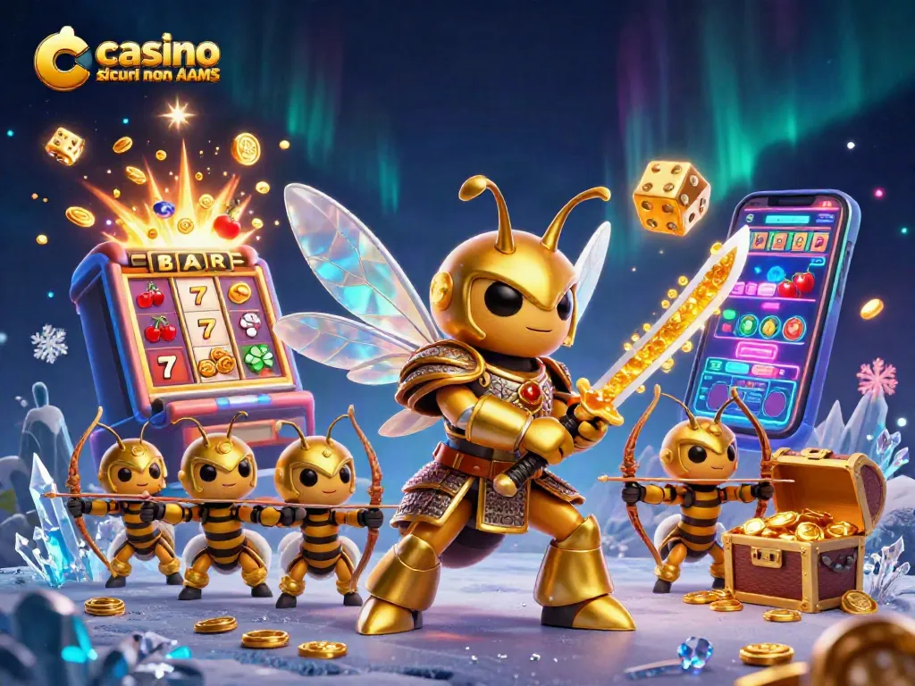 Gioca nei casino sicuri non AAMS con slot machine e premi esplosivi in un'illustrazione vivace.