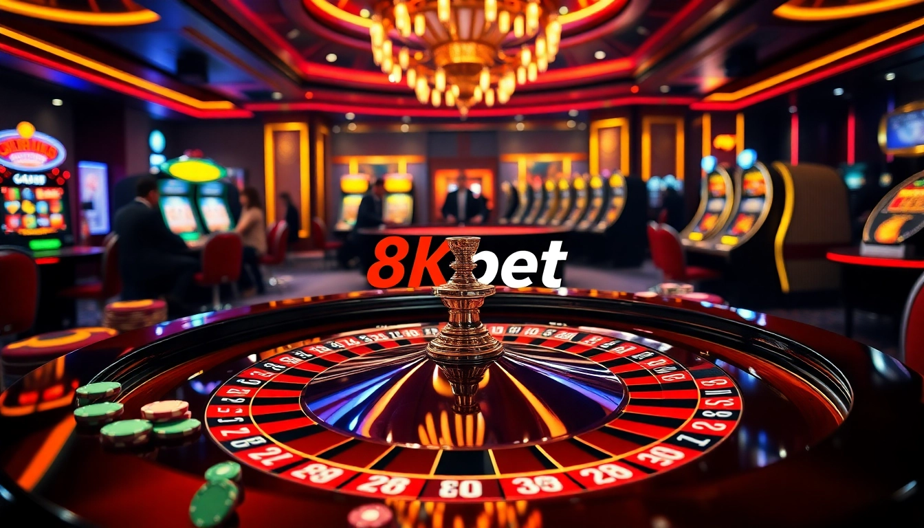 Experience the thrill of 8kbet with dynamic gambling visuals featuring casino tables and online gaming.