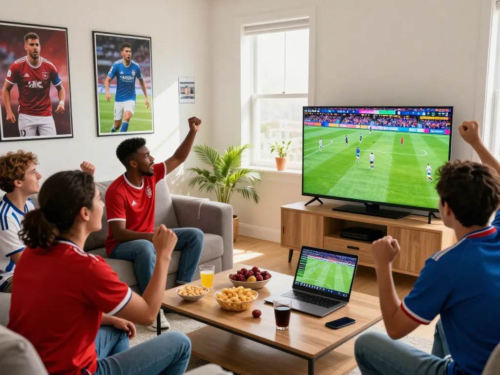 Excited fans enjoying Lương Sơn TV soccer stream on a cozy living room screen.