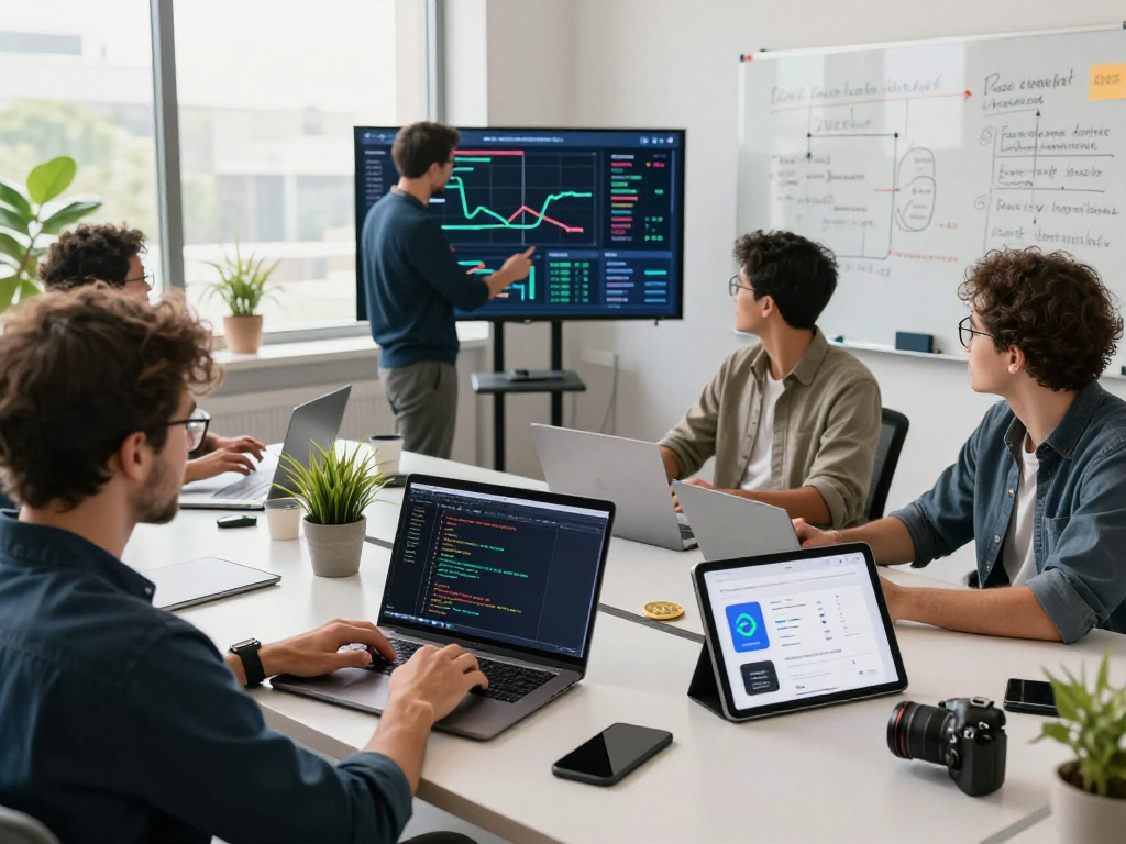 USDT0 development team collaborating on cross-chain finance solutions in a bright modern workspace