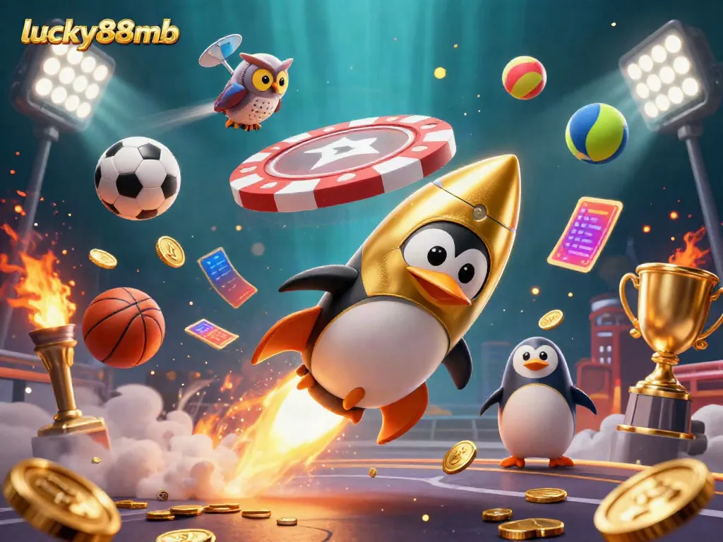 Experience thrilling bets with lucky88mb, a 3D golden penguin and casino elements in a dynamic space scene.