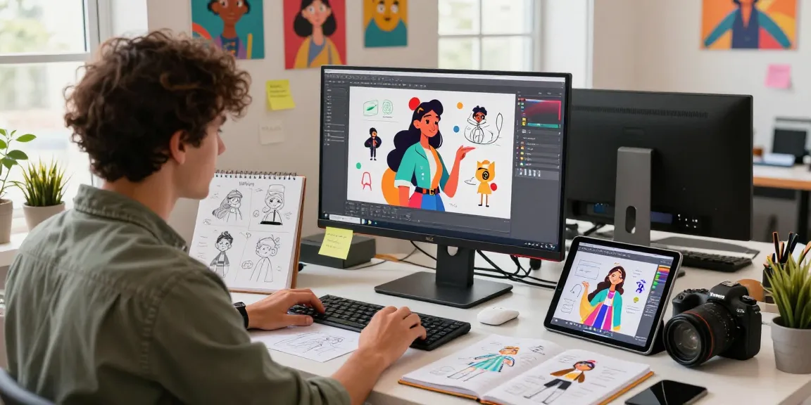 Character AI NSFW interactive design in a vibrant studio, featuring customizable avatars and an artist at work.