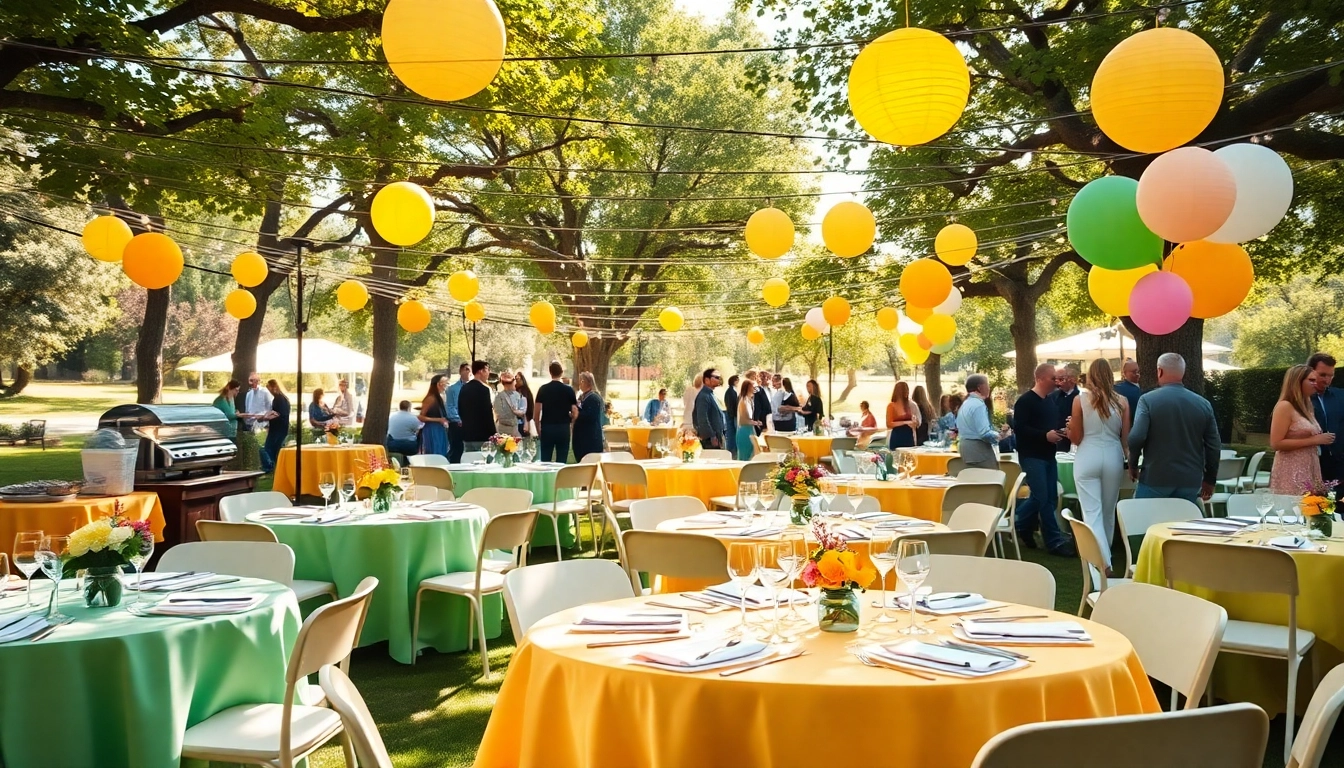 Enjoy vibrant outdoor party rentals with beautifully decorated tables and cheerful guests.
