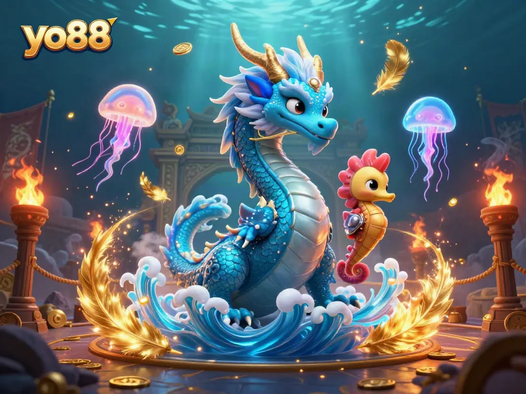 Experience thrilling yo88 gameplay with an azure water dragon and seahorse knight in action.
