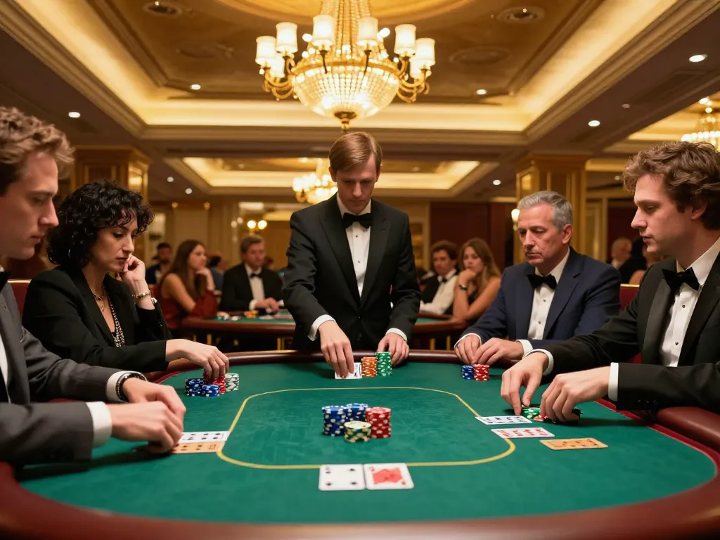 FLY88 players strategizing in an upscale casino poker game with colorful chips and cards.