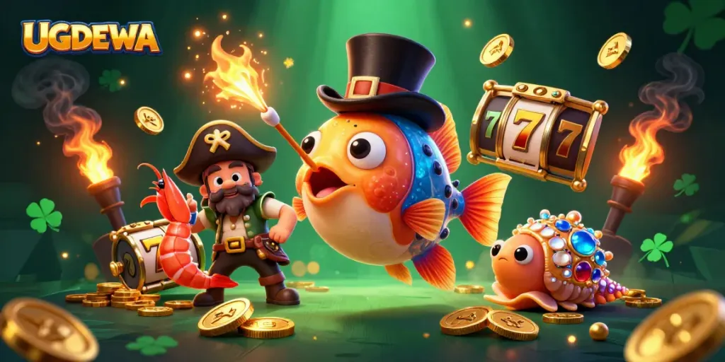 Engage with UGDEWA's thrilling slot reels, featuring a charismatic anglerfish and pirate shrimp amidst golden coins.