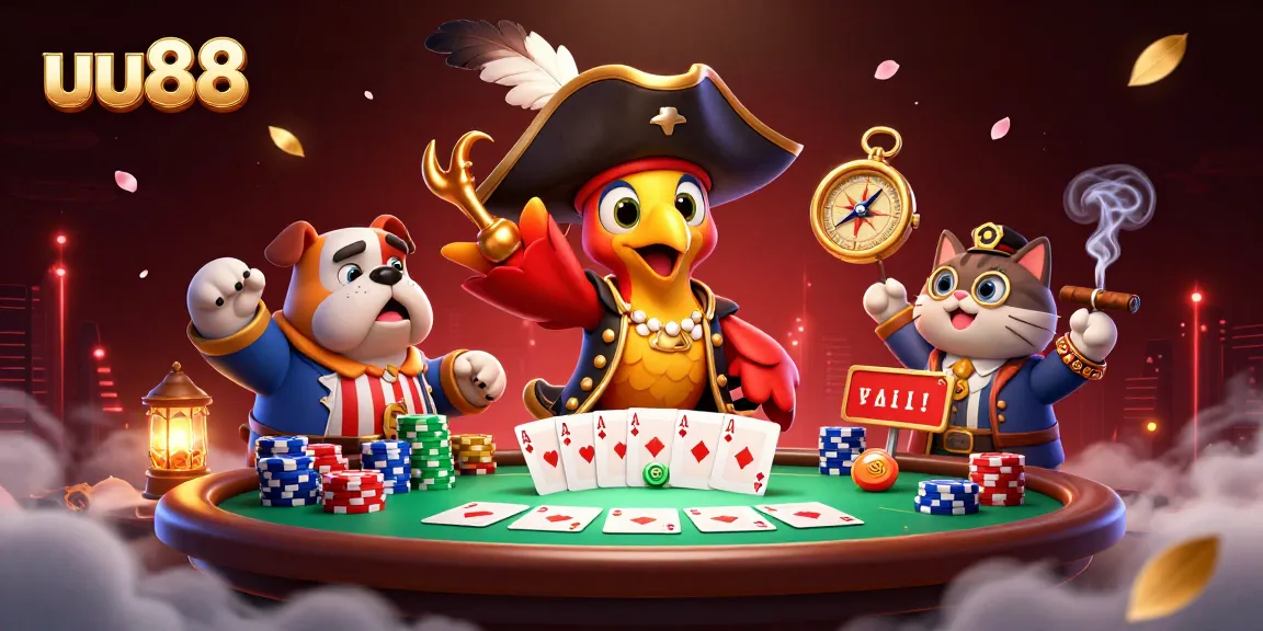 uu88 casino scene with a pirate captain, bulldog first mate, and cat navigator playing poker.