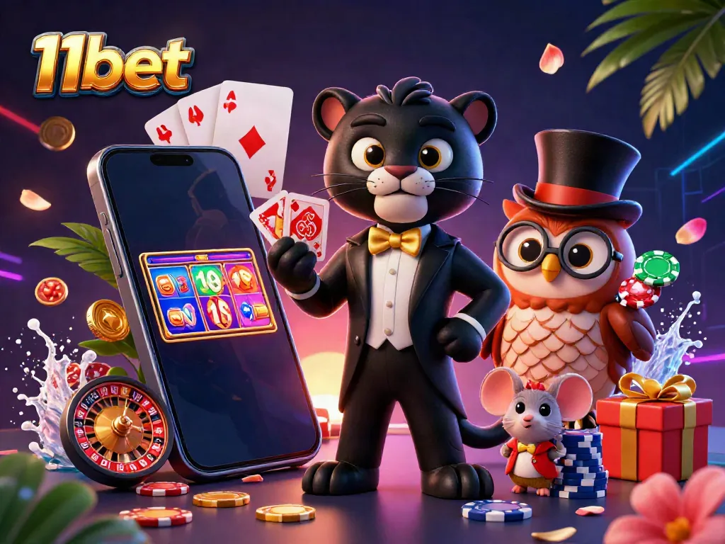Engage with the colorful 11bet gaming experience featuring dynamic characters, poker action, and casino elements.