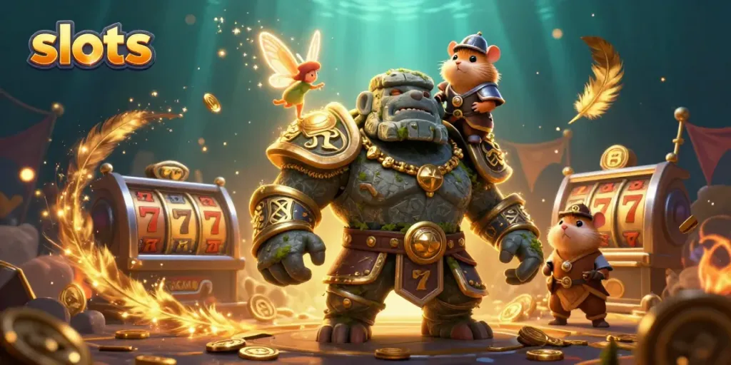 Experience captivating slots gameplay with enchanting characters in a vibrant casino scene.