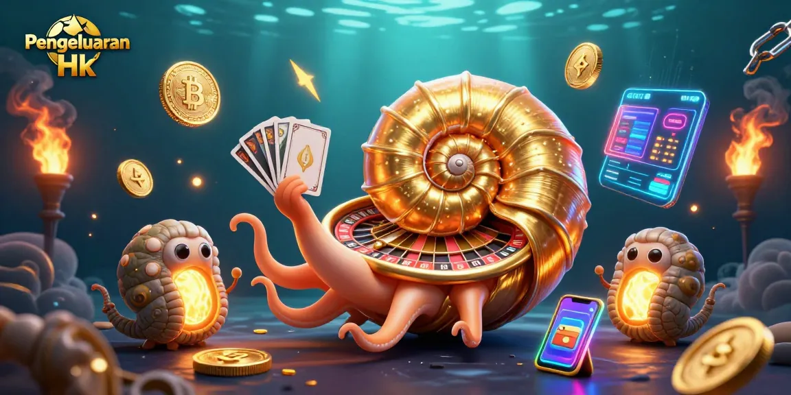 Engage with the latest Pengeluaran Hk results displayed by a giant nautilus and vibrant 3D gambling elements.