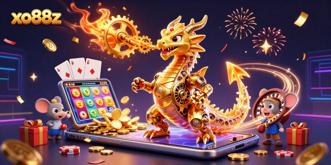 Engage with exciting games at xo88z, showcasing a golden dragon surrounded by vibrant casino elements.