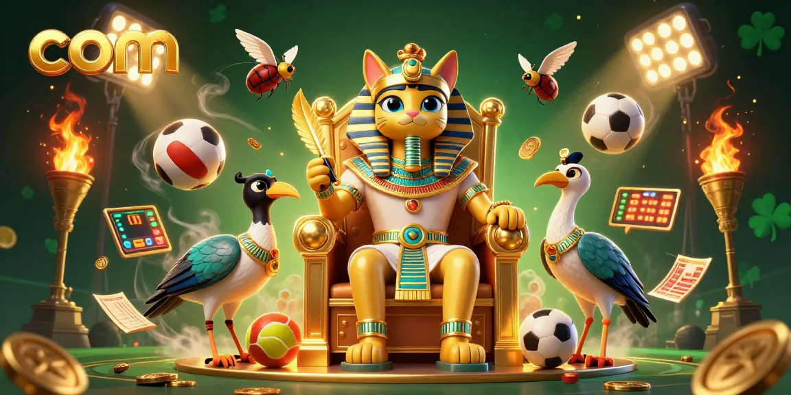 Witness the graceful Egyptian pharaoh cat with com as it presides over vibrant sports betting elements.