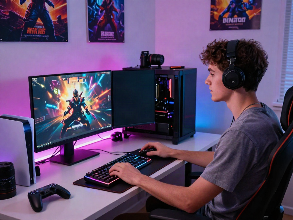 Engaged player at a modern gaming desk showcasing dynamic online gaming setup, highlighting manclub gaming experience.
