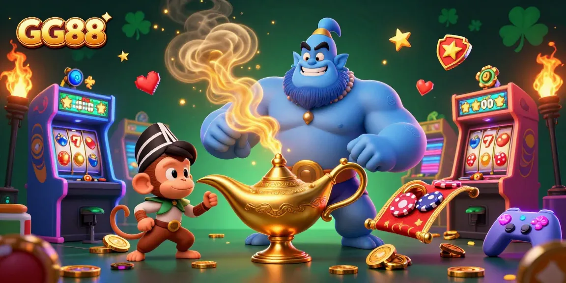 Engage with GG88's vibrant gaming experience, featuring an energetic scene of a genie and magical casino elements.