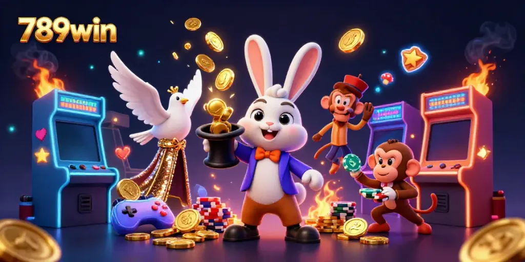 Engage with the thrilling world of 789win as a magician rabbit conjures golden coins in a rich casino scene.