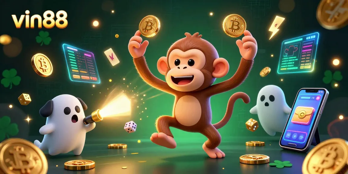 Engage in gaming fun with vin88's vibrant casino scene featuring a poltergeist monkey.
