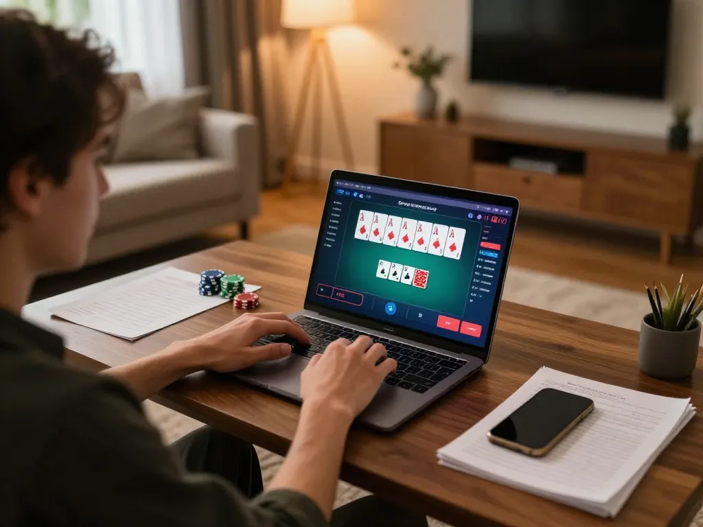 Player strategizing poker gameplay on rikvip platform in a cozy home setting