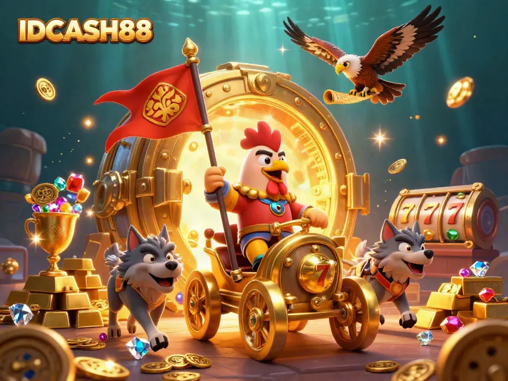 Spin to win at IDCASH88 with a vibrant scene of a rooster warlord and treasure amidst the riches of online gaming.