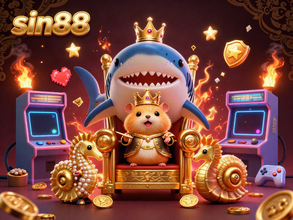 Experience the fun at sin88 with a colorful 3D gambling scene featuring a golden hamster king and dynamic gaming elements.